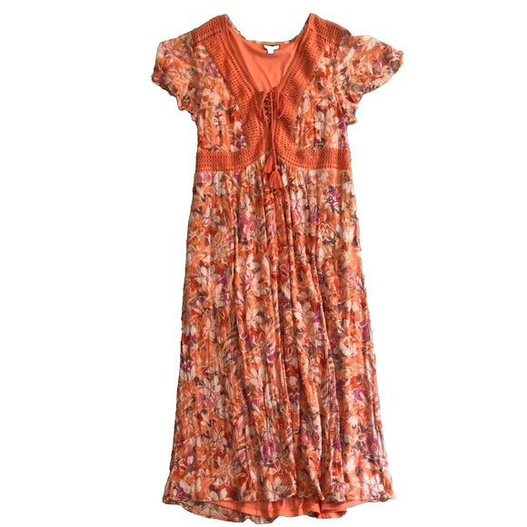 Torrid Women’s Size 0 (12 Large) Floral Maxi Dress Orange Pink Boho Crochet Trim - Picture 2 of 16